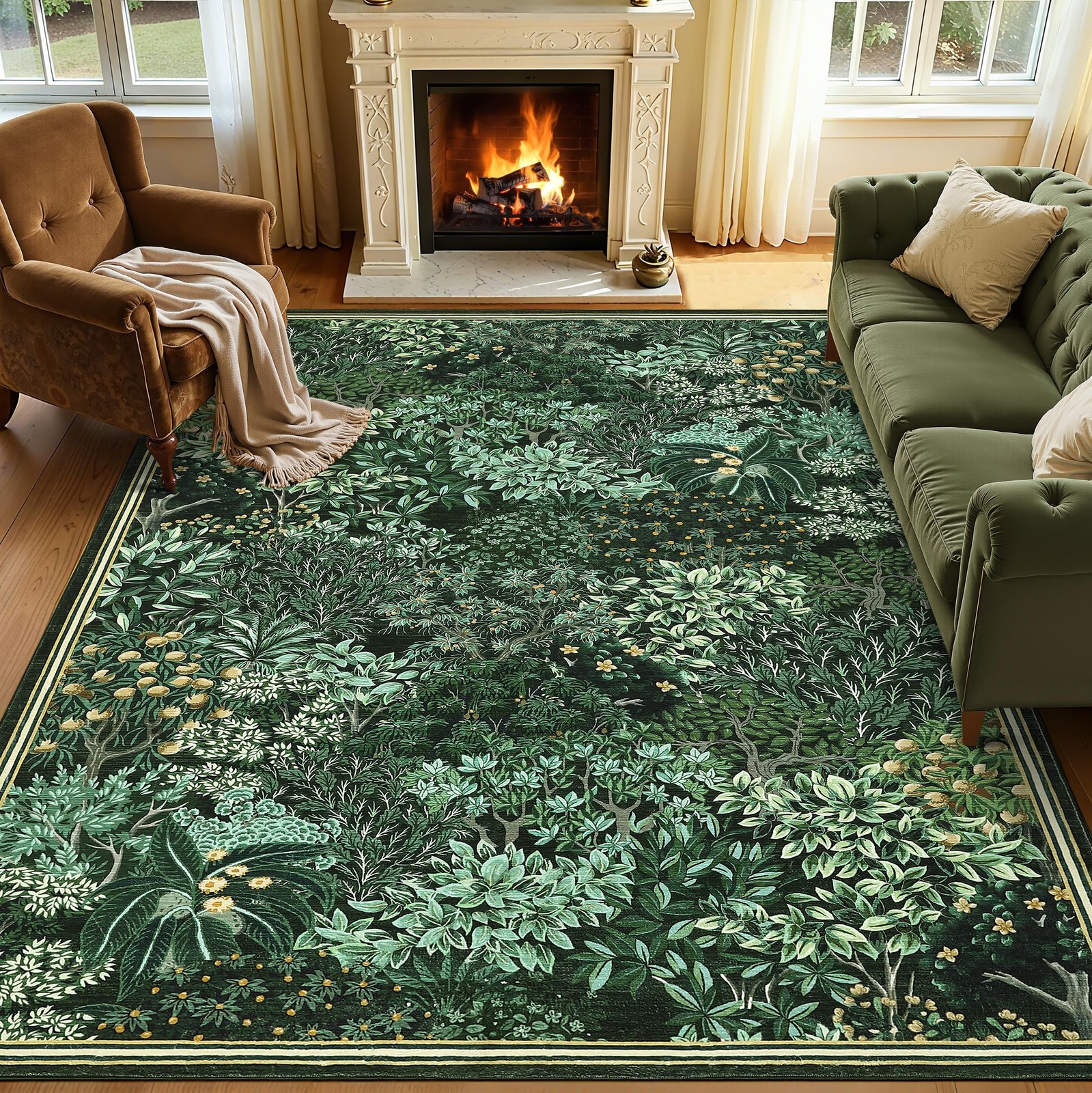 Forest Rugs 5×7, Dark Green Washable Area Rugs for Living Room 5×7, Botanical.
