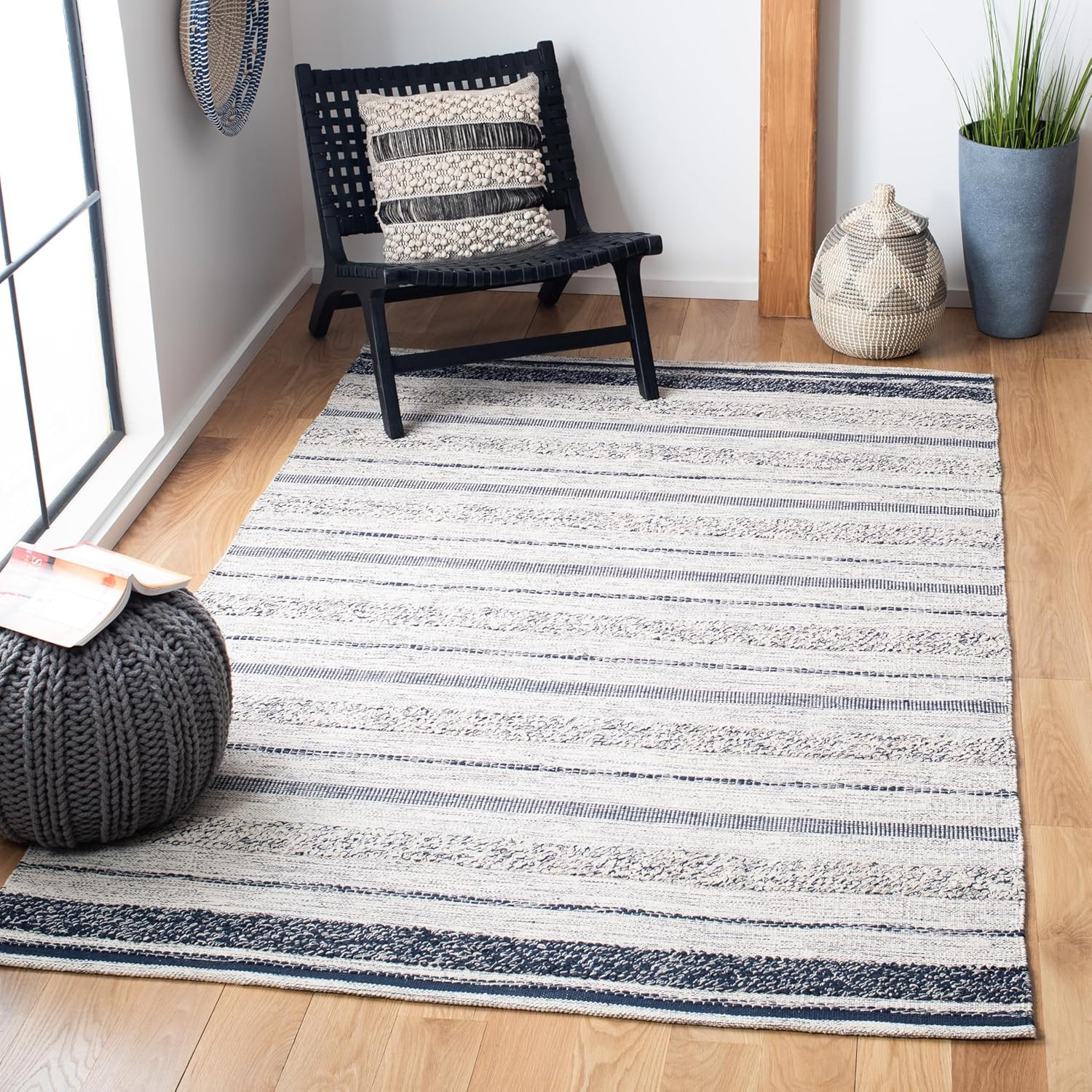 Handmade Striped Kilim Area Rug 5′ x 8′ in Ivory and Navy Cotton