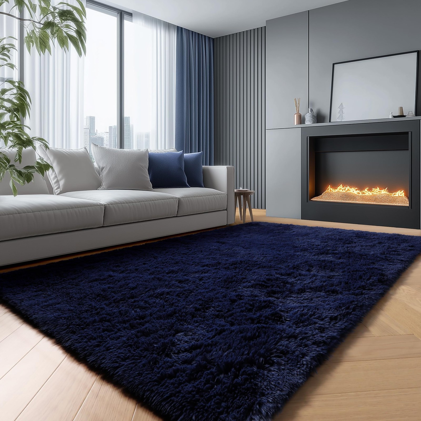 PAGISOFE Navy Blue Rug 4×6 Fluffy Dark Blue Bedroom Modern Indoor Carpet Soft