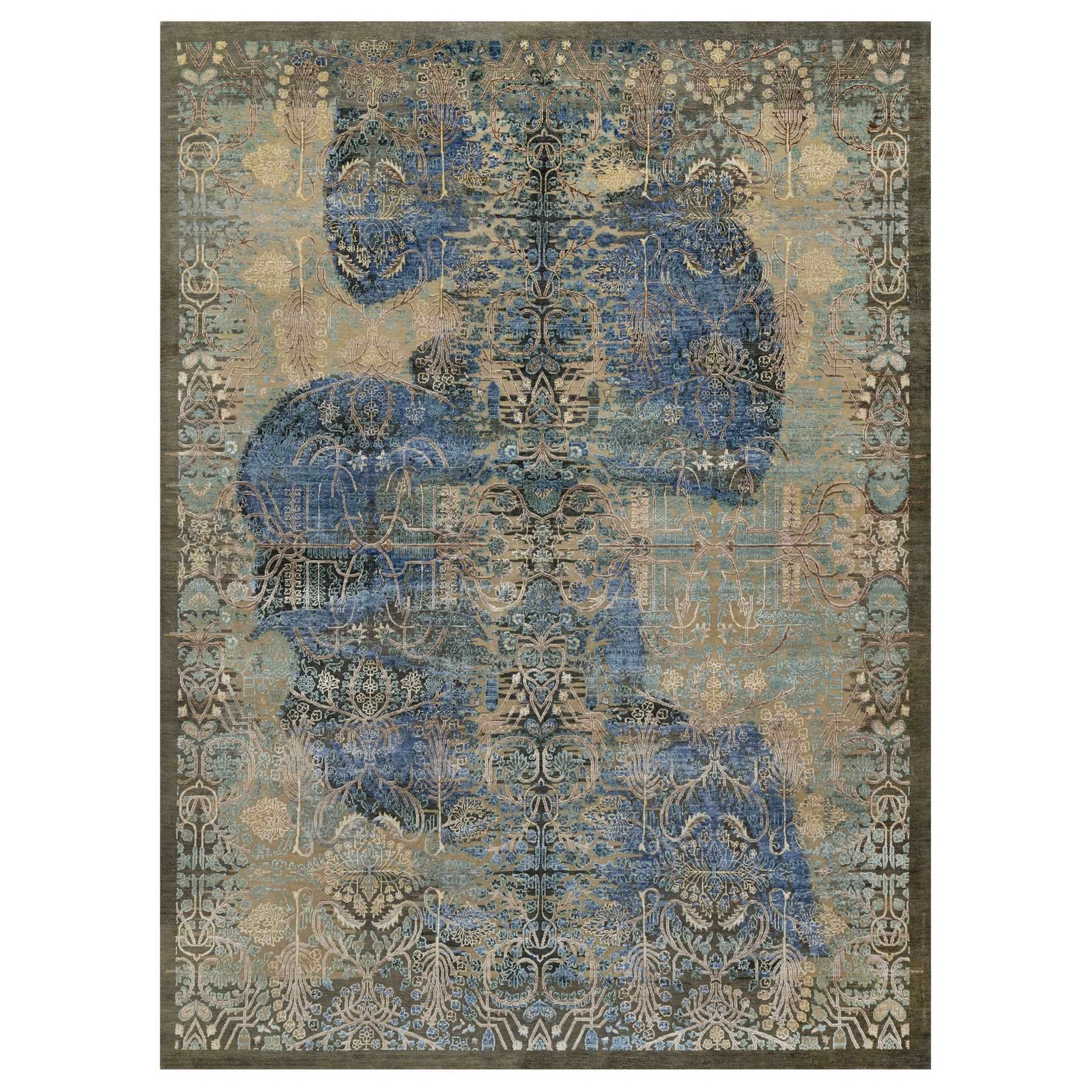 8’10″x12’1″ Brown Wool and Silk Erased Sarouk Design Hand Knotted Rug R91165