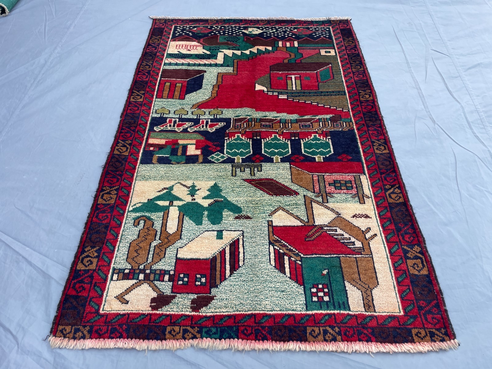 2×4 Baluchi Pictorial Rug Handmade Afghan Wool Village Scene Carpet With Tribal