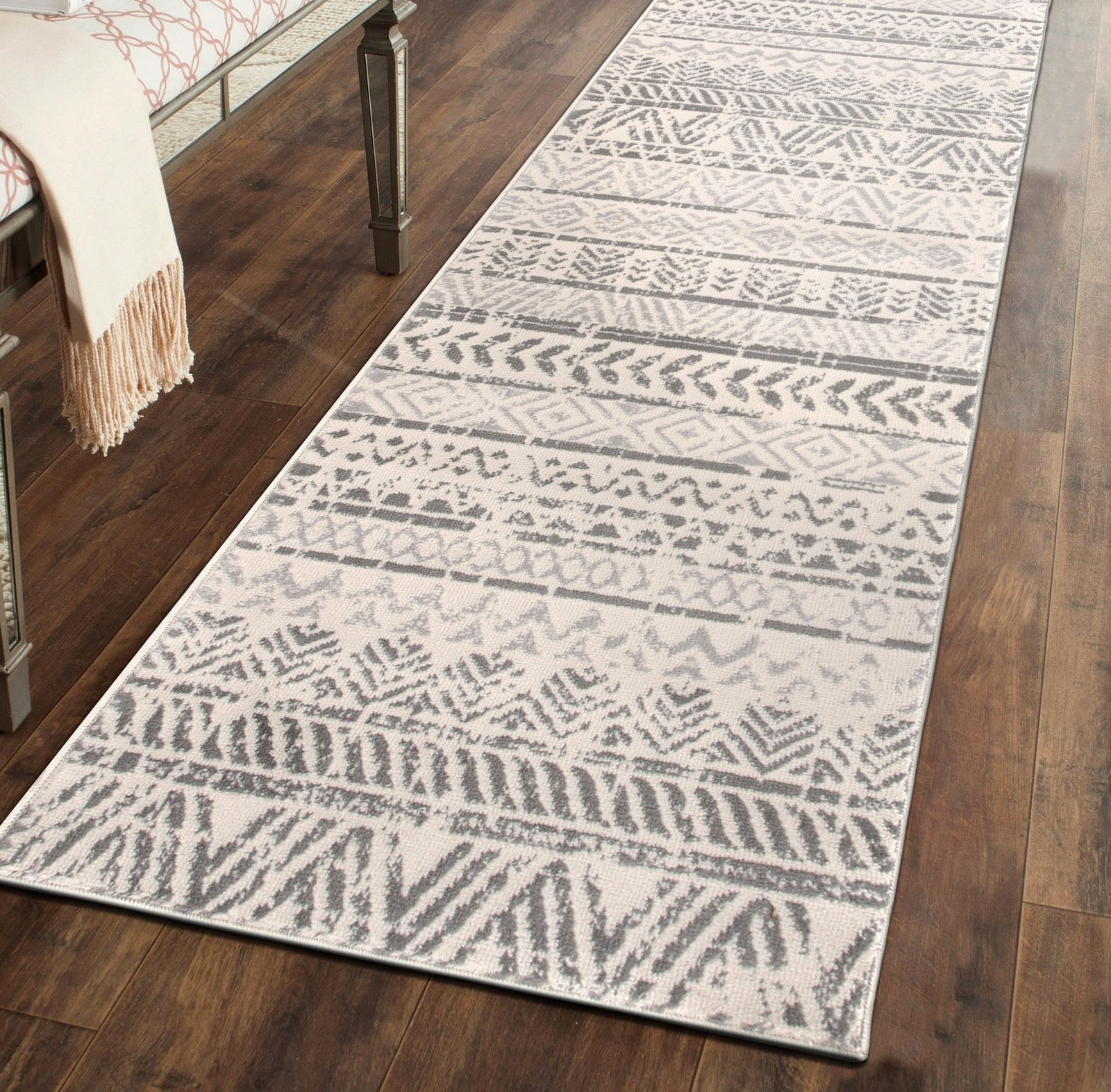 Geometric Boho Runner Rug – Gray Tribal Pattern, Perfect for Hallway, Entrywa…