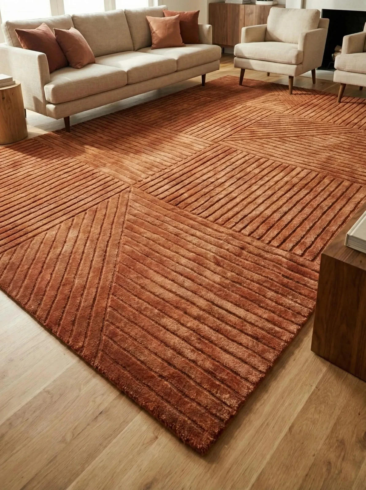 Terracotta Hand Tufted Rug Rust Orange Geometric Area Rug Modern Minimalist Rug