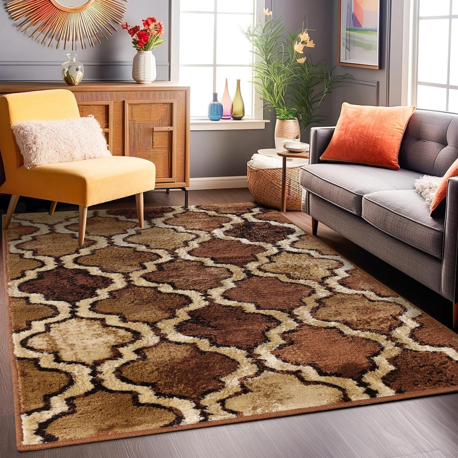 Modern Indoor Area Rug, Non Slip Rug, 5’X8′, Brown | Geometric Design Floor Déco