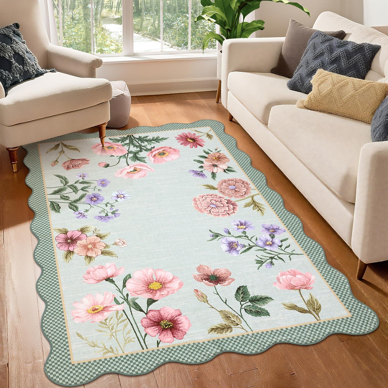 Floral 4×6 Rug, Ultra-Thin Soft Scalloped 4X6 Area Rug for Living Room, Non-S…