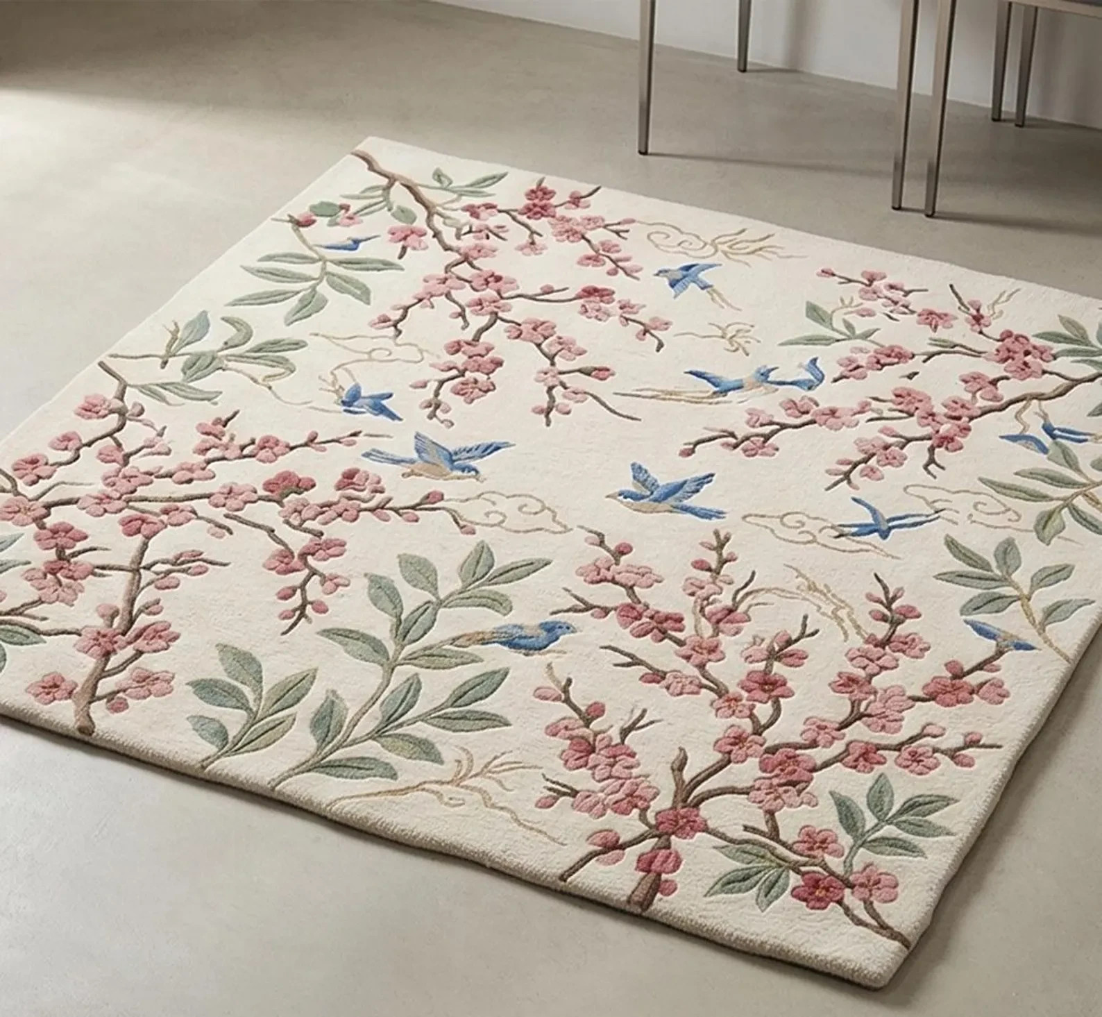 Hand Tufted Botanical Elegant Sakura Blossom Sanctuary Handmade Area Rug Carpet