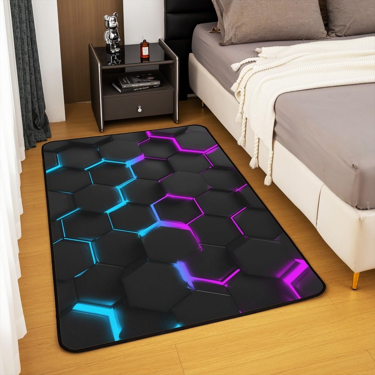 Homewish 3D Abstract Hexagon Area Rug 5X66 Blue Pink Neon Light Geometric