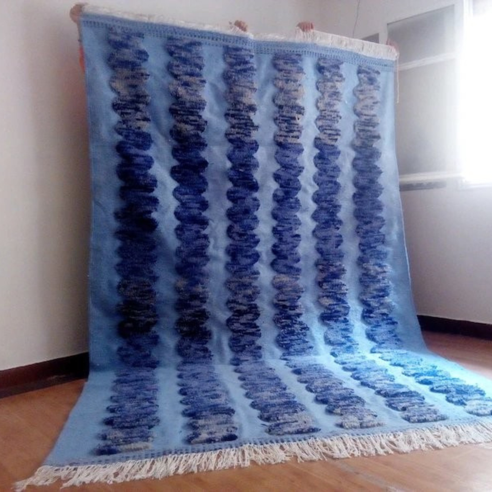 Handwoven Moroccan Wool Rug Blue Abstract Stripe Area Carpet for Living Room