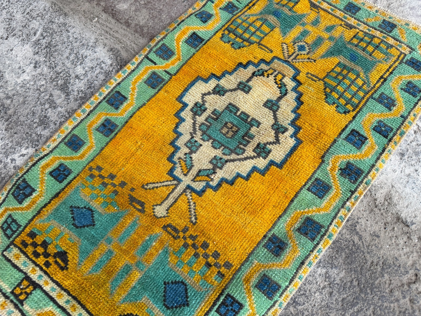 Vintage Turkish Rug 1.5×2.7 ft Golden Yellow Mint Green Small Boho Rug