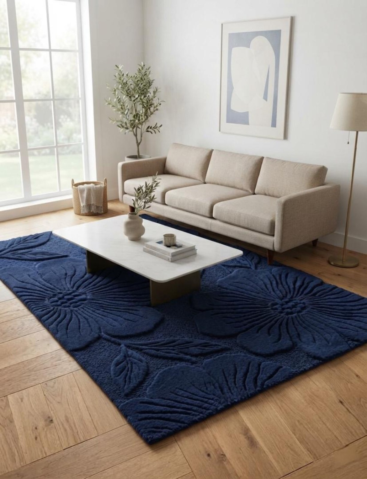 Hand Tufted Navy Blue Floral Carved Rug, Modern Abstract Living Room Carpet 6×9