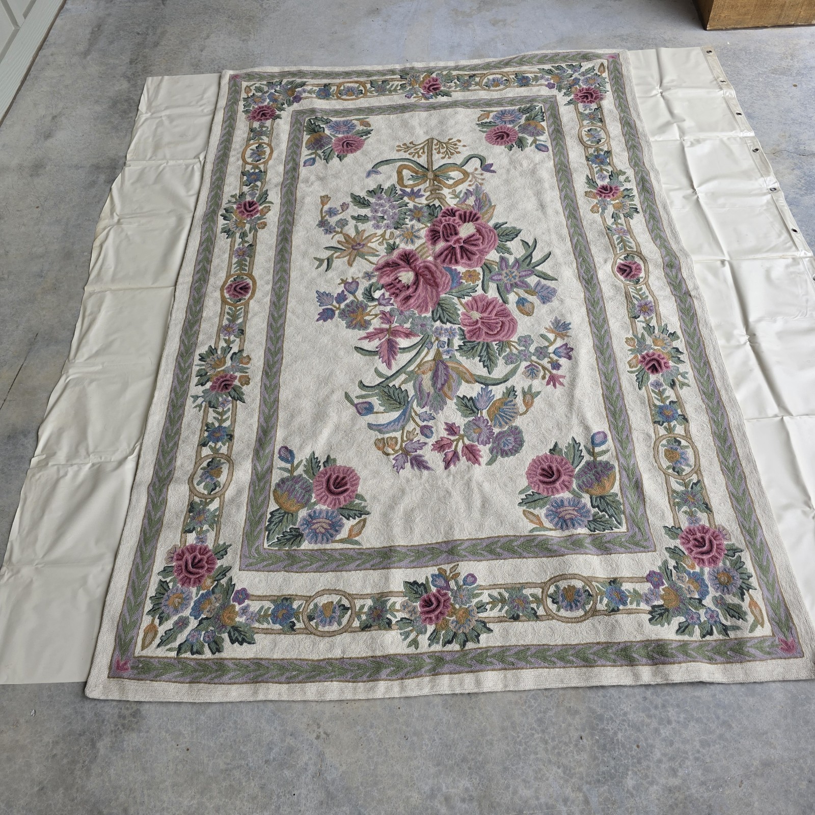 Vtg French Aubusson Style Needlepoint Chain Stitch Rug 4×6 Floral Wool Flatweave