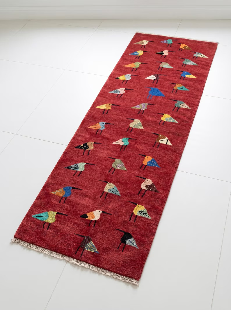 Hand Knotted Bird Runner Rug Wool Blue Hallway Carpet Handmade Area Runner