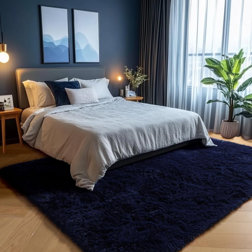 PAGISOFE Navy Blue Rug 4×6 Fluffy Dark Blue Bedroom Modern Indoor Carpet Soft