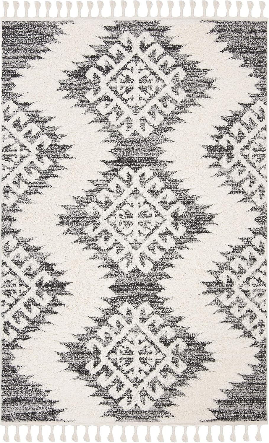Moroccan Tassel Shag Collection Accent Rug – 2’3″ X 4′, Ivory & Grey, Boho, Non-