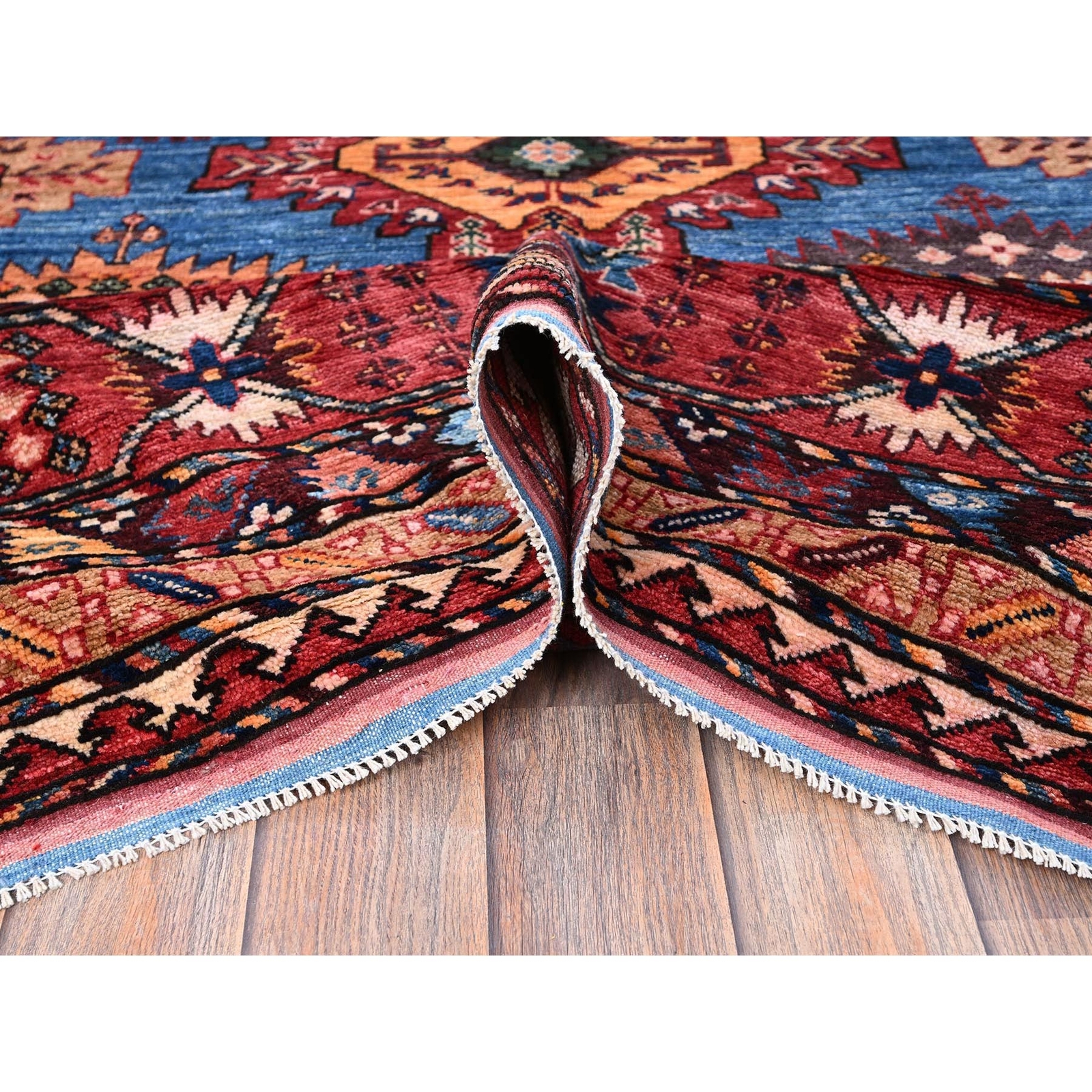 10’x13’6″ Blue Afghan Ersari Caucasian Design Revival Hand Knotted Wool Rug R565