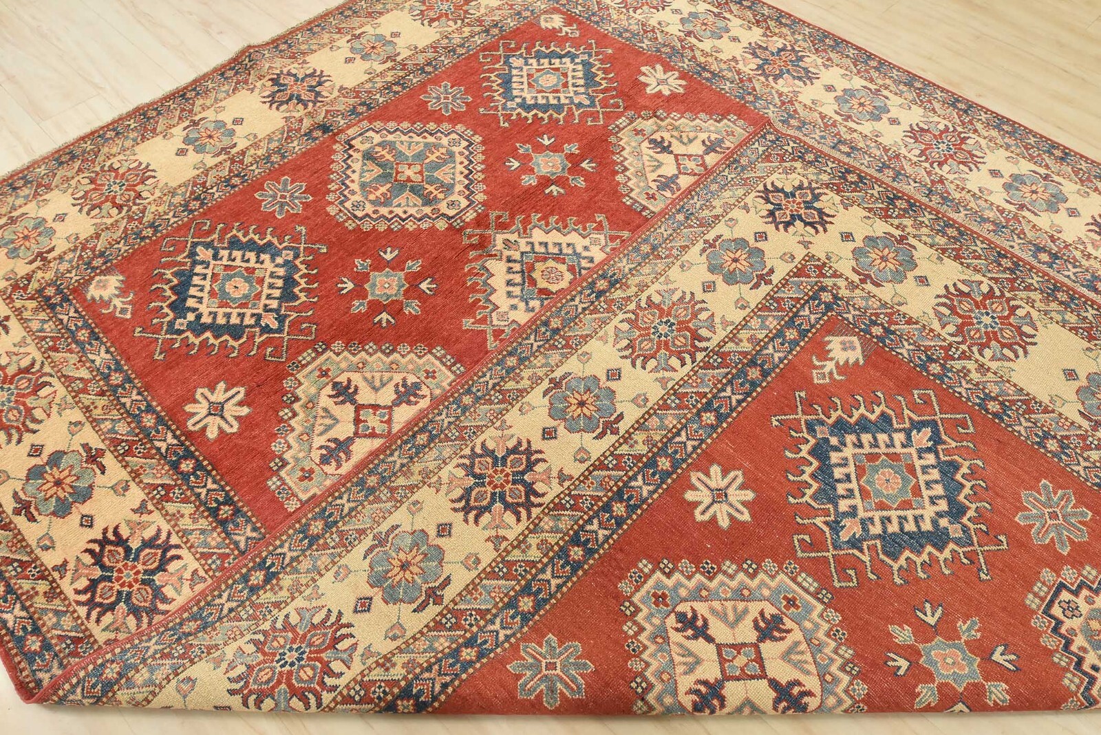 Geometric Kazak Carpet 8’3” x 10’11” Red Wool Tribal Hand-Knotted Oriental Rug