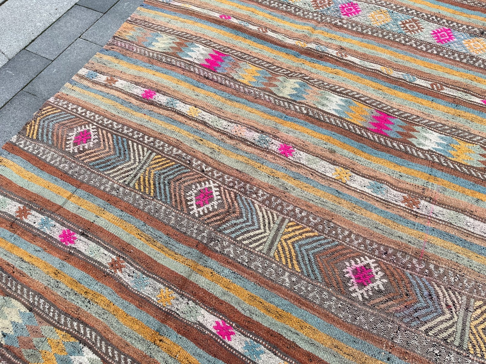 Vintage Turkish Kilim Rug 4.9×9.8 Handmade Wool Area Carpet Pink Boho Home Decor