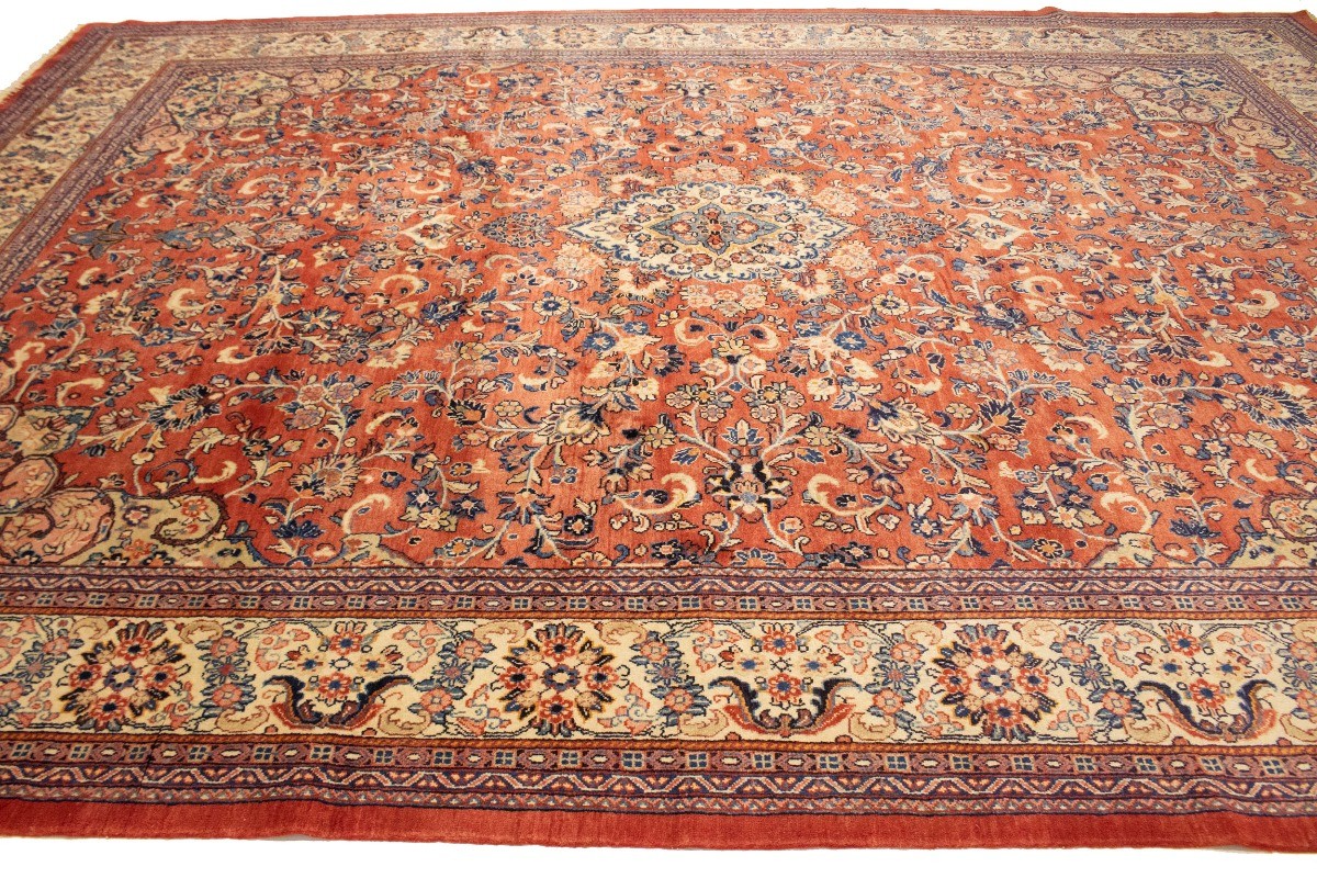 One-of-a-Kind Vintage Orange-Red Oriental Rug Oversized Floral Carpet 11X15 ft