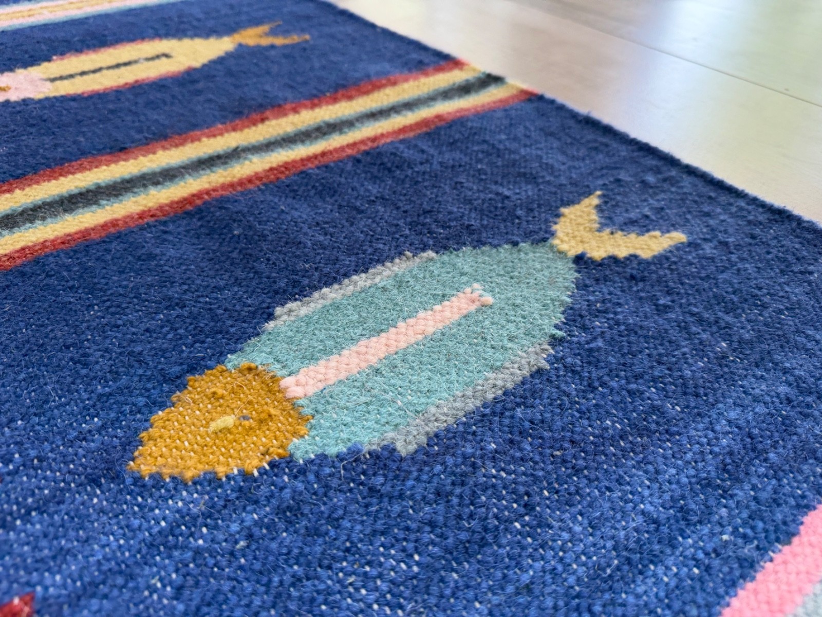 Hand Woven Wool Area Rug 5 x 8 Blue Tribal Folk Art Scandinavian Kilim for Kids