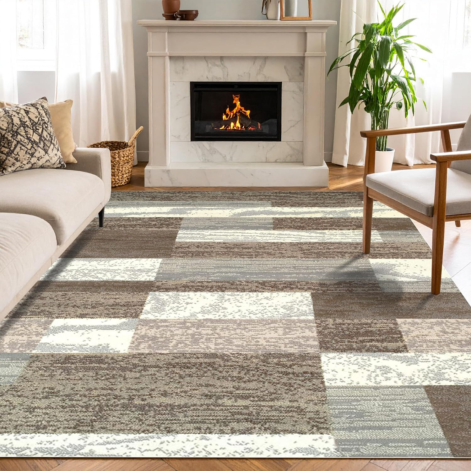 Modern Geometric Jute Backed Area Rug, 8′ x 10′, Light Blue-Ivory