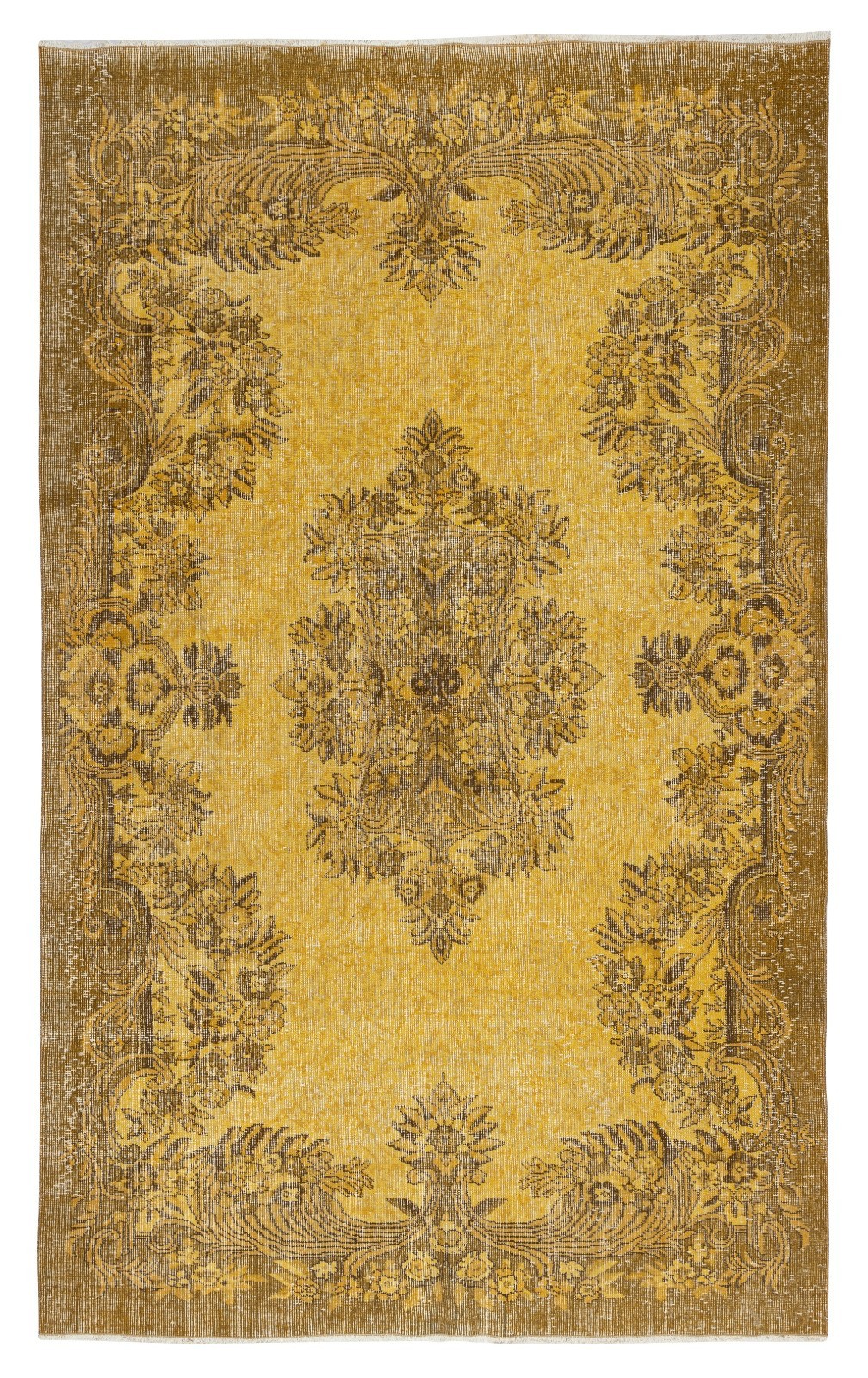 5.8×9.5 Ft Vintage Handmade Turkish Rug Overdyed in Yellow for Modern Interiors