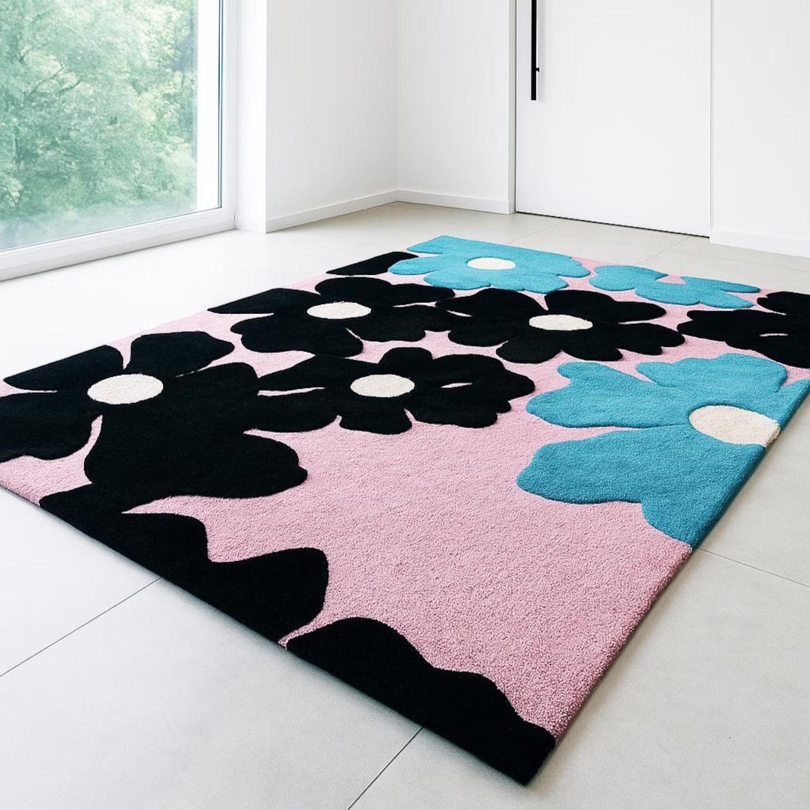 Hand-Tufted New Zealand Wool Rug: Bold Floral Design, Pink Blue Black