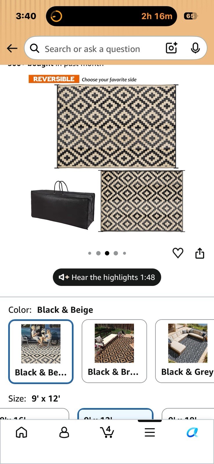 Reversible Geometric Area Rug Black/Beige Rectangle Flat Pile 9 x 12 ft