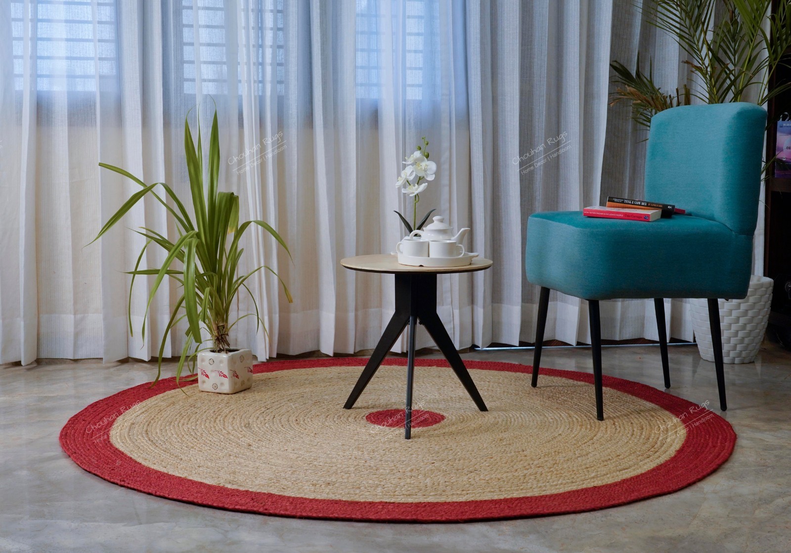 Natural Round jute rug with Red border large area rug for home and living decor