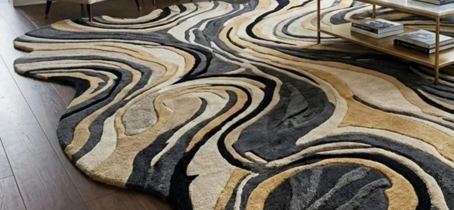 Hand Tufted Luxury Abstract Rug, Black Gold Irregular Wool Area Rug, Modern Rug