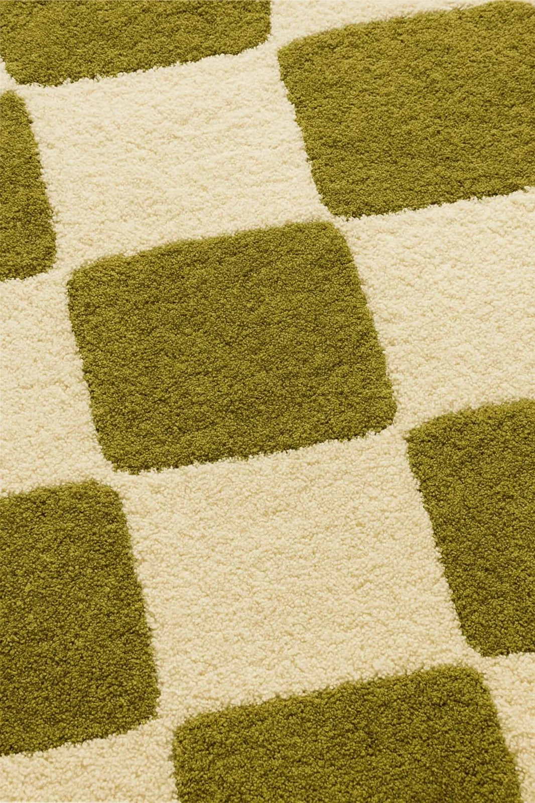 Hand Tufted Wool Checkerboard Rug Rounded Square Green Cream Modern Aesthetic