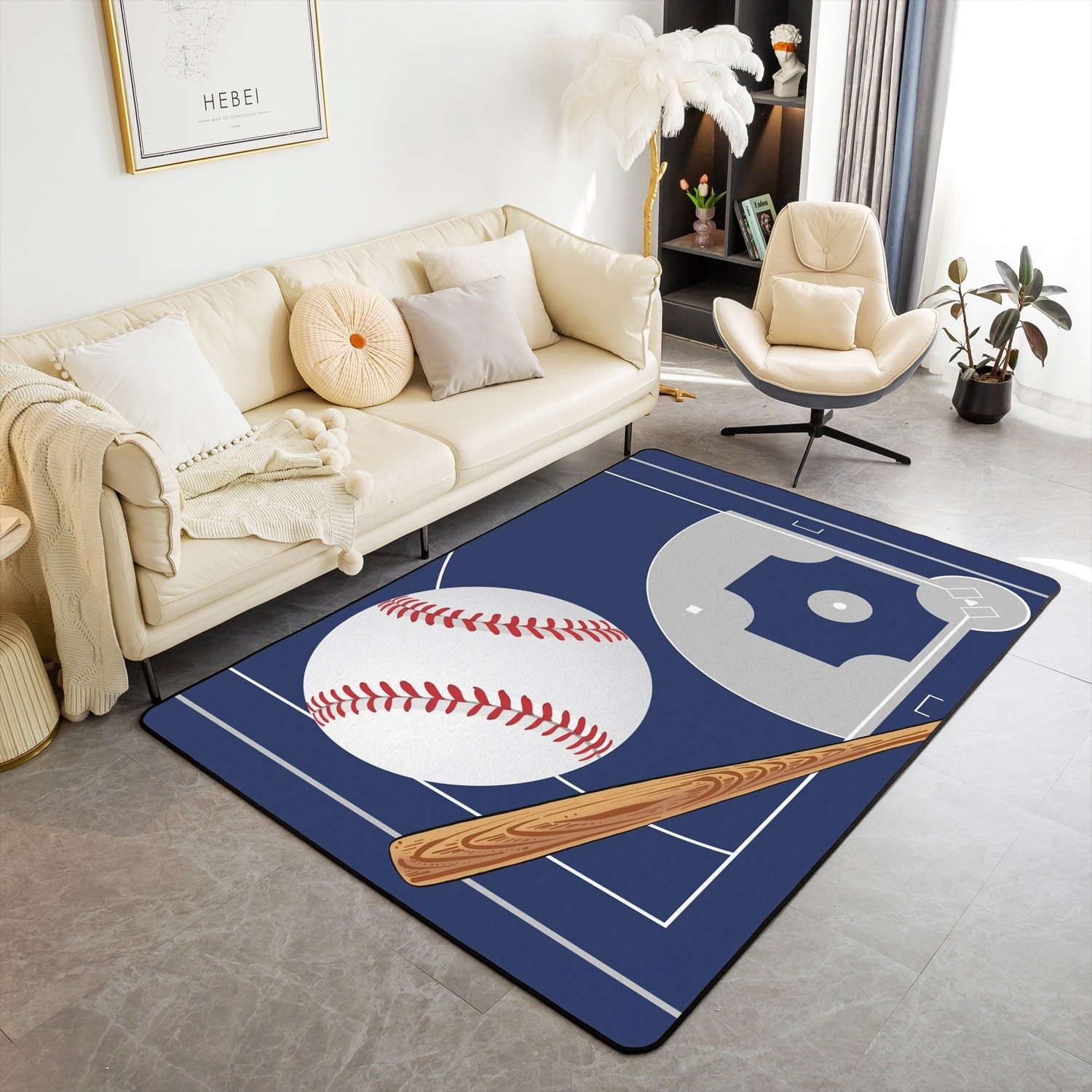 Retro Navy Blue Area Rug for Kids Teens Adult 5×6’6”x0.39”,Sports Theme Bas…