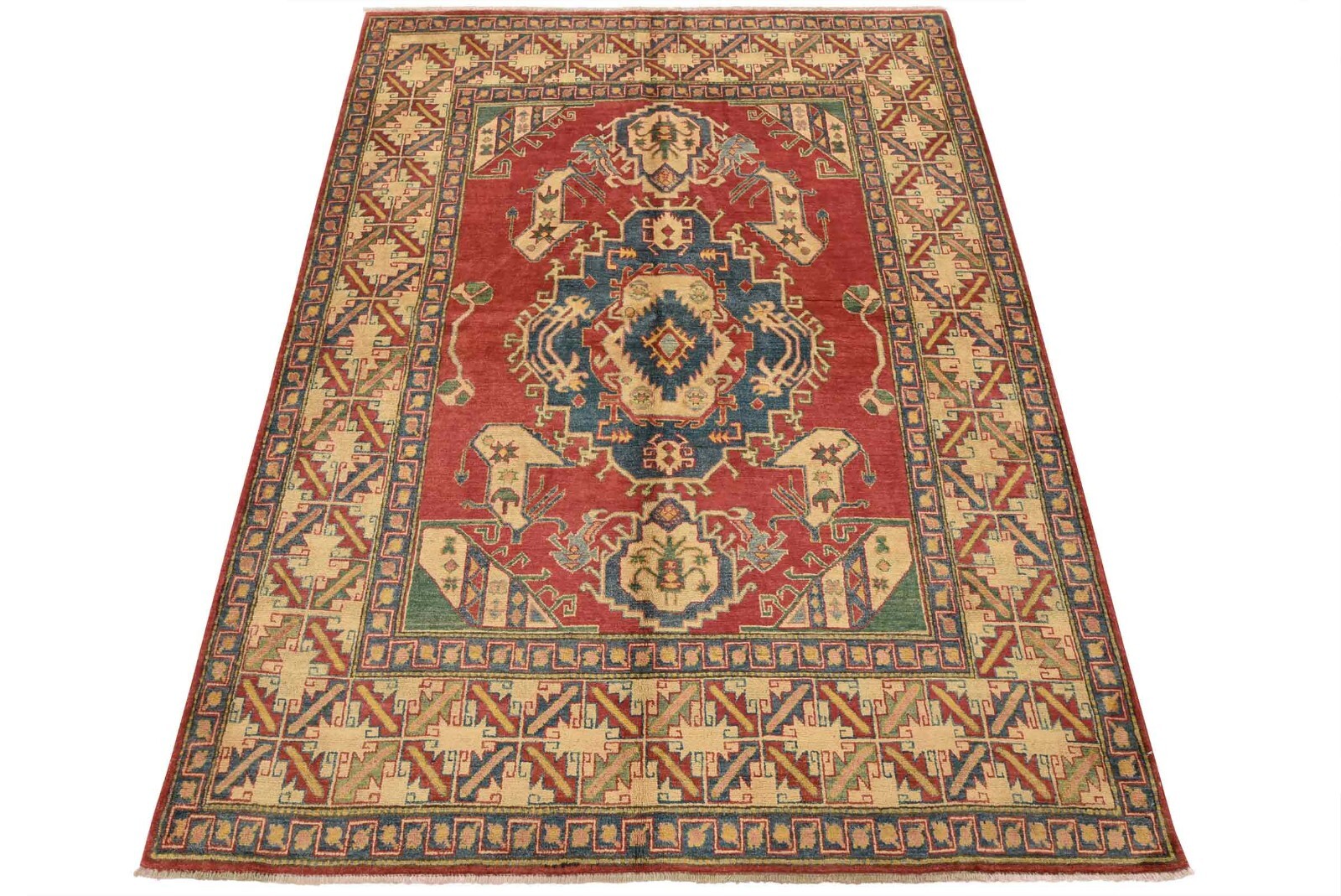 Kazak Rug 6’2” x 8’3” Red Wool Tribal Hand-Knotted Oriental Carpet
