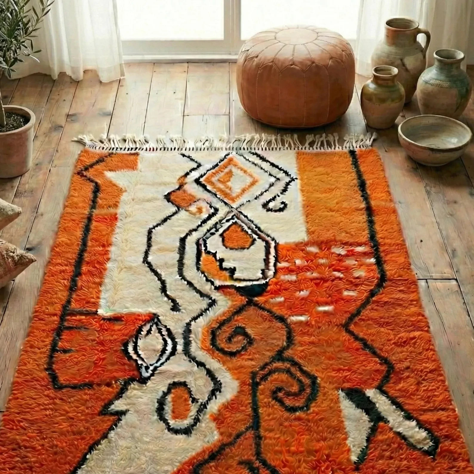 Orange Moroccan Rug – Abstract Berber Rug – Wool – Artistic Boho Style –