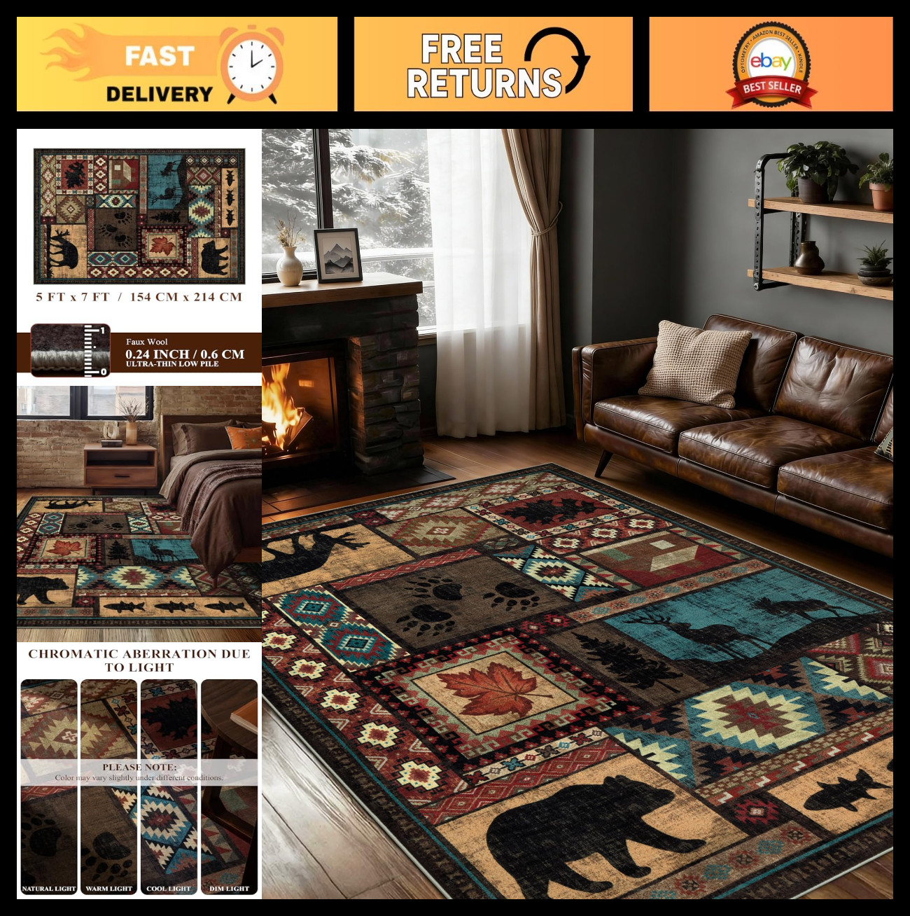 Rustic Cabin Area Rug 5×7 – Machine Washable Bear Design, Non-Slip Low Pile for