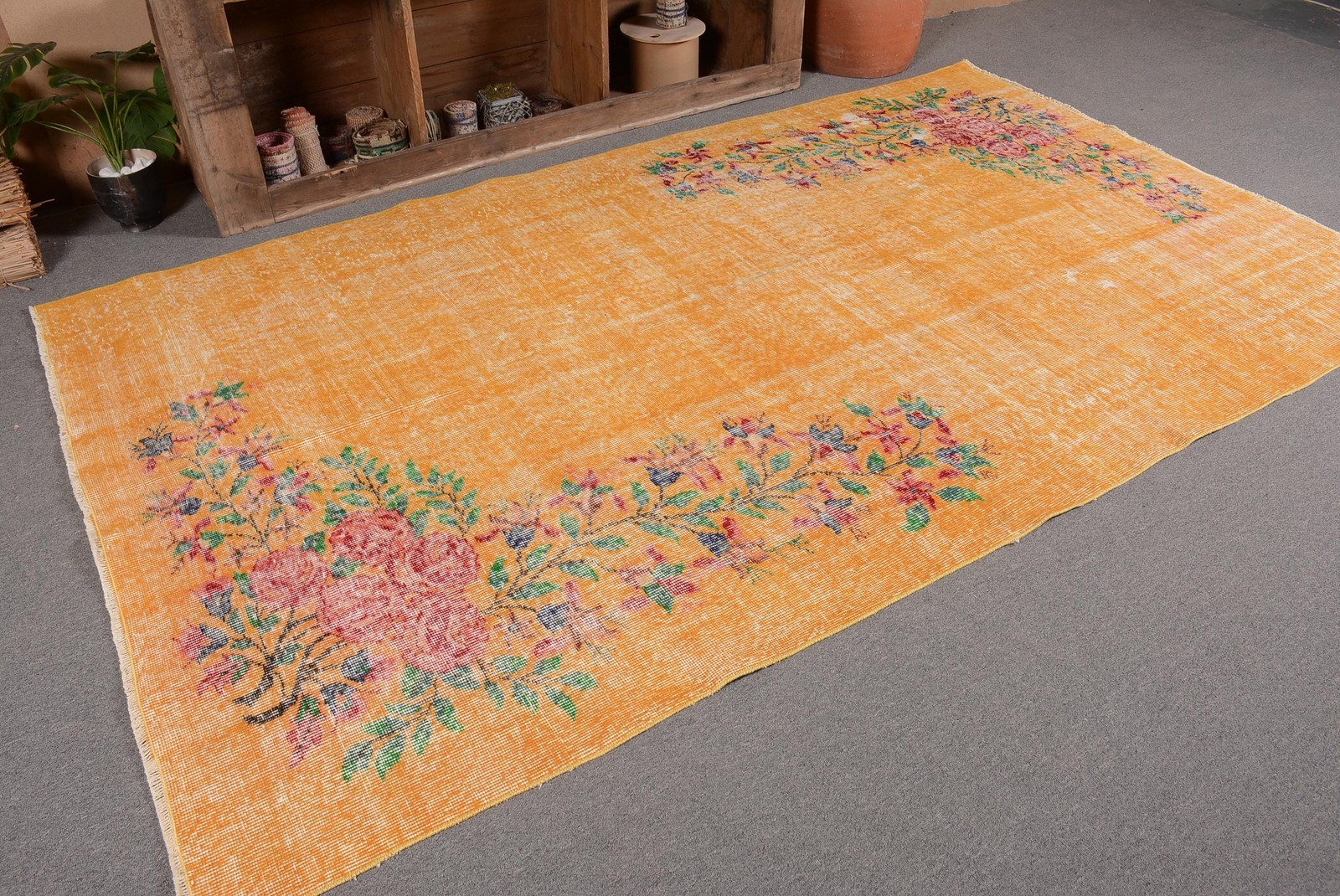5,6×9,4 ft Large Turkish Rug, Vintage Rug, Yellow Red Ikat Wool Rug