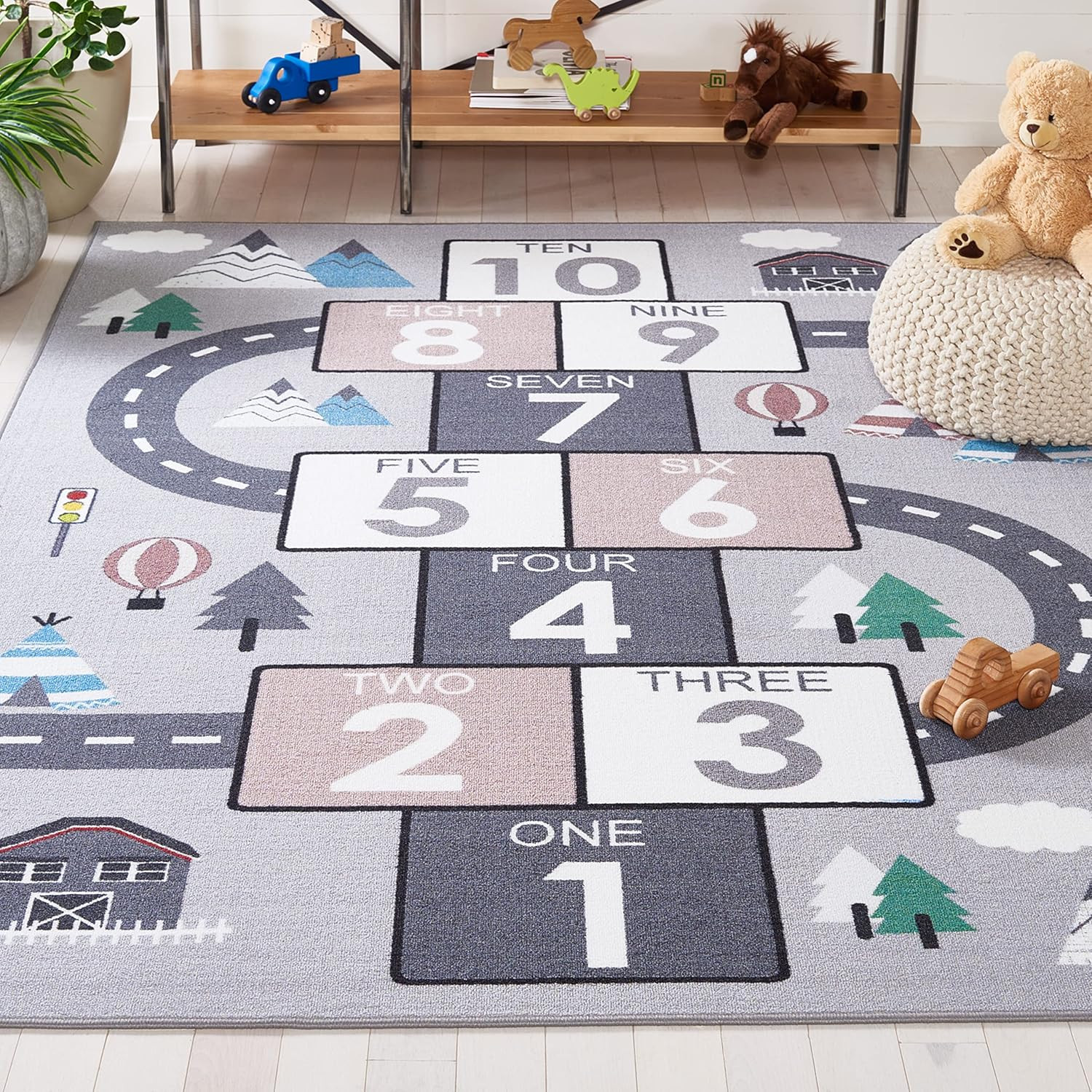 Washable Rug Kids Playhouse Collection – 6’7″ X 9′, Grey & Pink, Slip Resistant