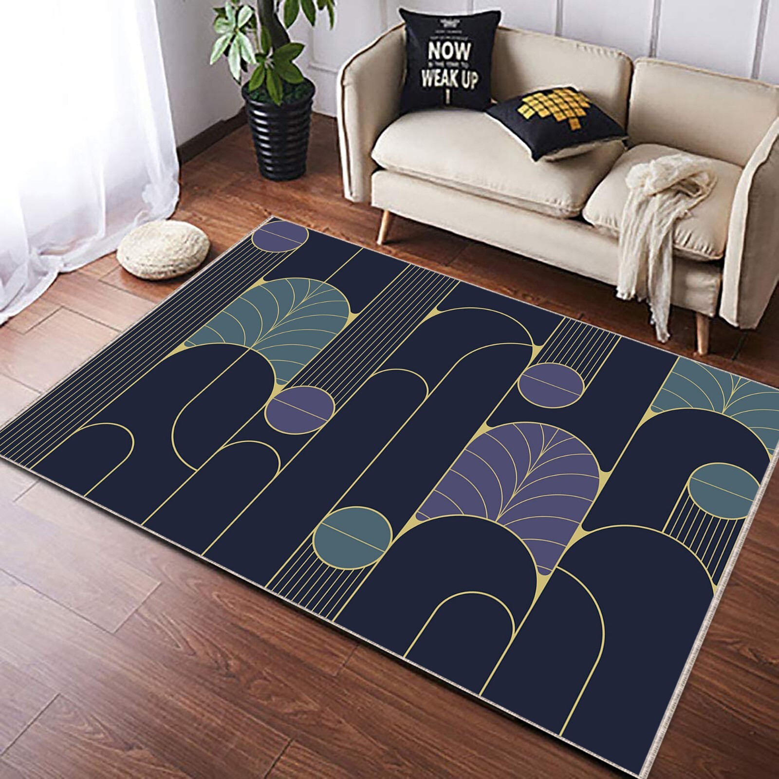 Art Deco Style Area Rug, Flat Design Art Deco, Golden elements on Blue Backgroun