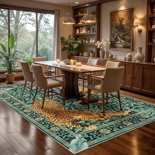 Tiger Print 5×7 Rug Green Cheetah Washable Carpet Mat