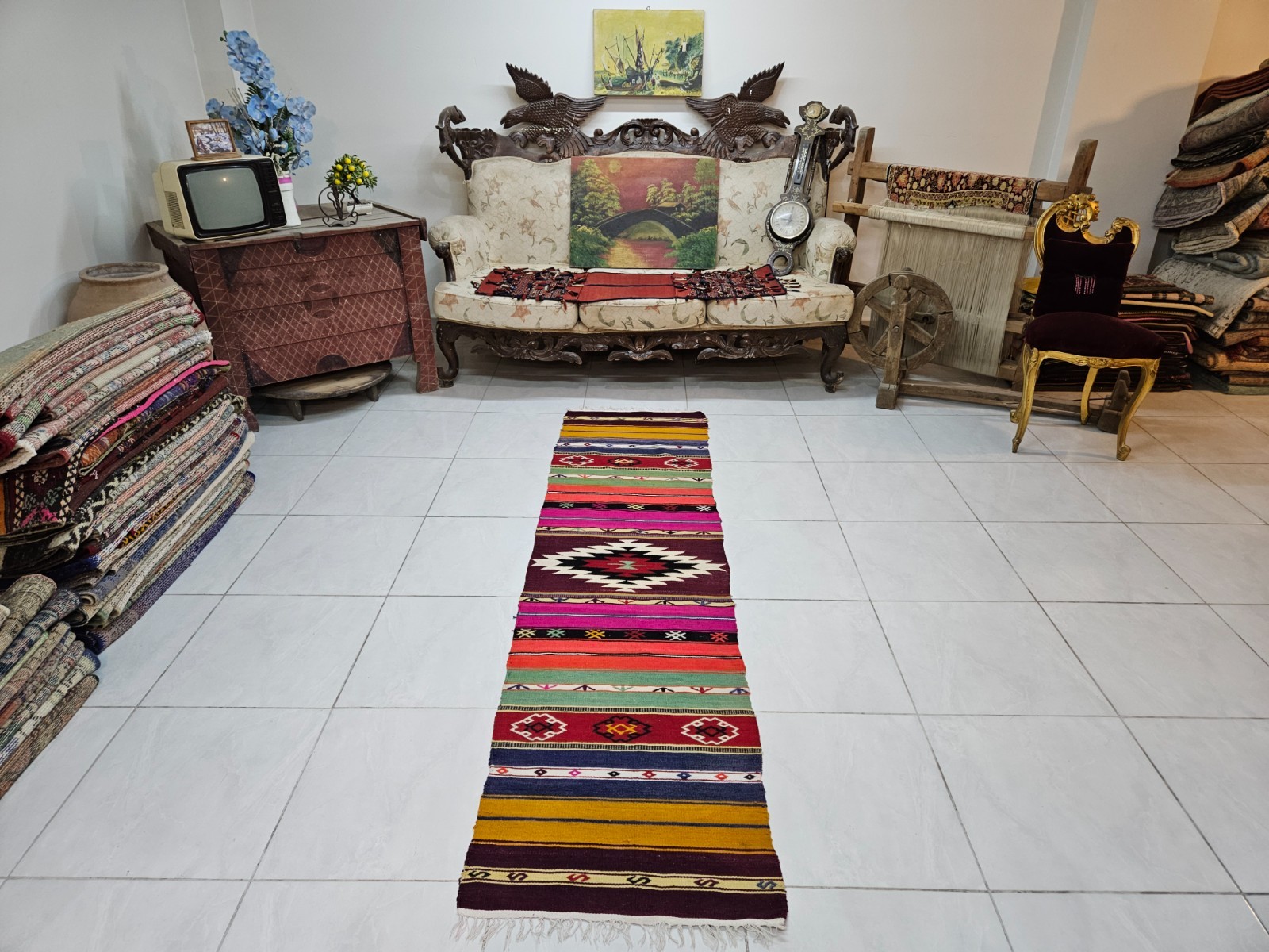 Vintage Turkish Kilim Runner Rug, 1.9 x 7.8 ft Handwoven Wool Tribal Hallway Rug
