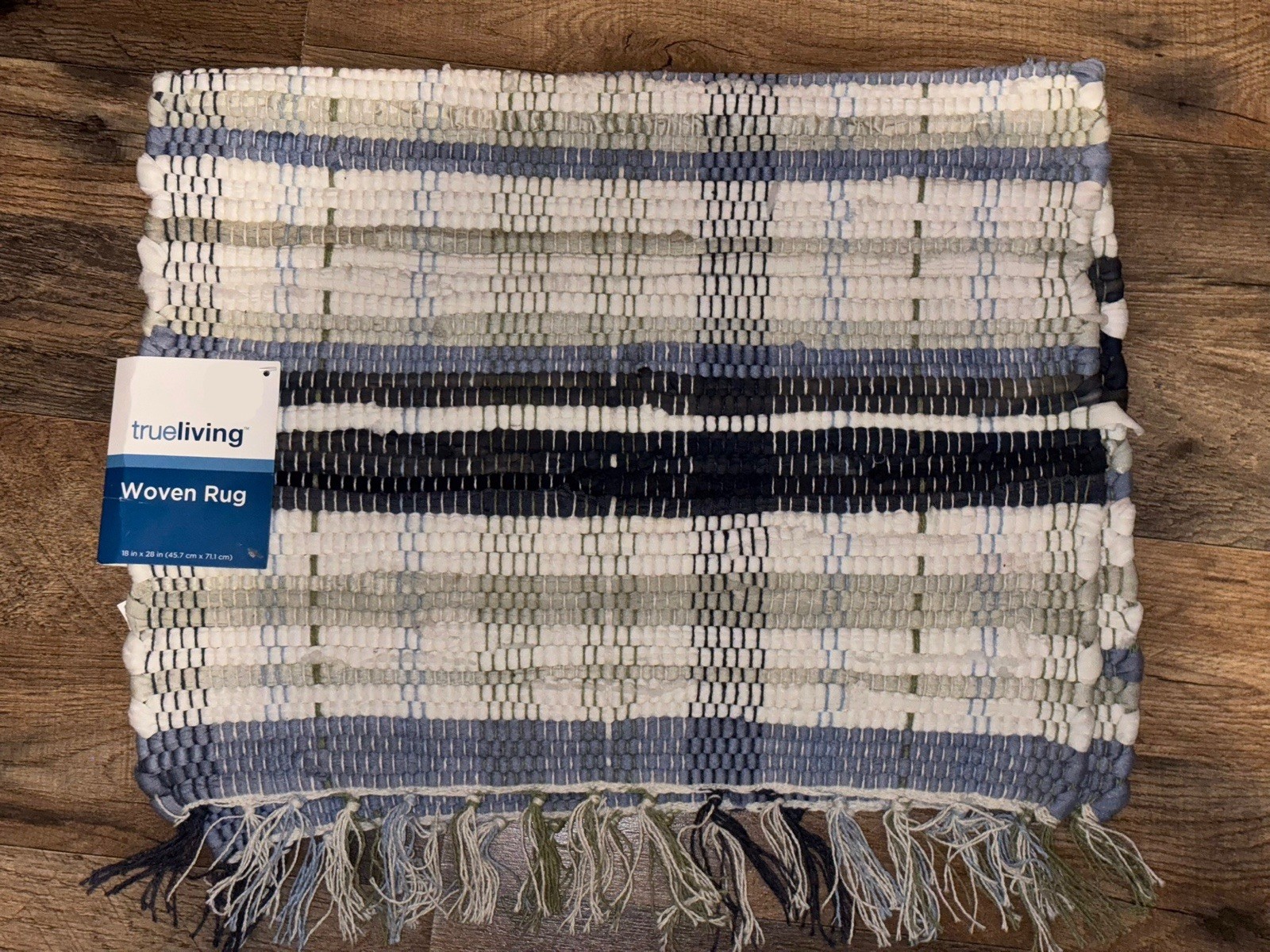 True Living Woven Accent Rug 18×28 Blue Gray Striped Fringe Farmhouse
