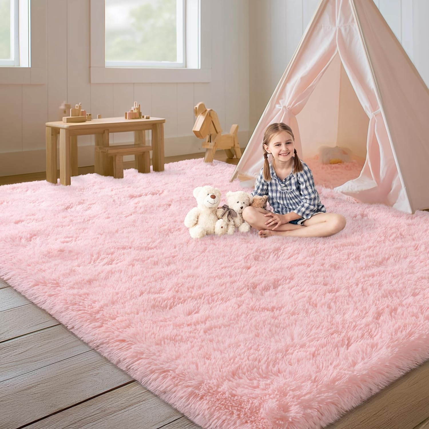 Large Pink Shag Area Rug 10×14 for Living Room, Soft Non-Slip Carpet
