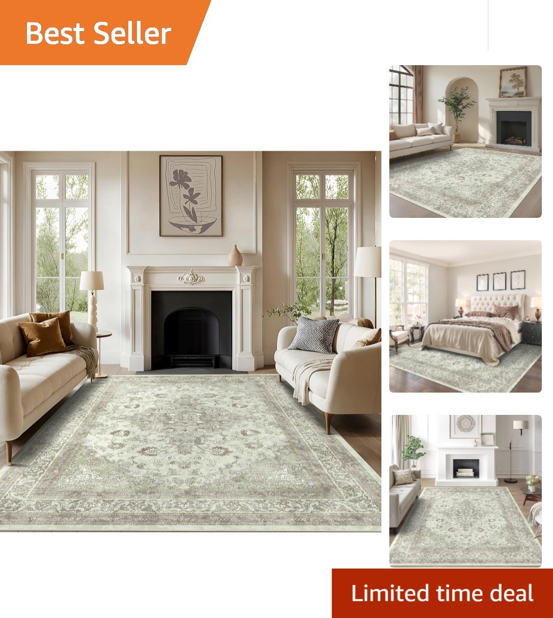 Elegant Sage Green 5×7 Washable Rug – Non-Slip, Stain Resistant for Pets & Kids