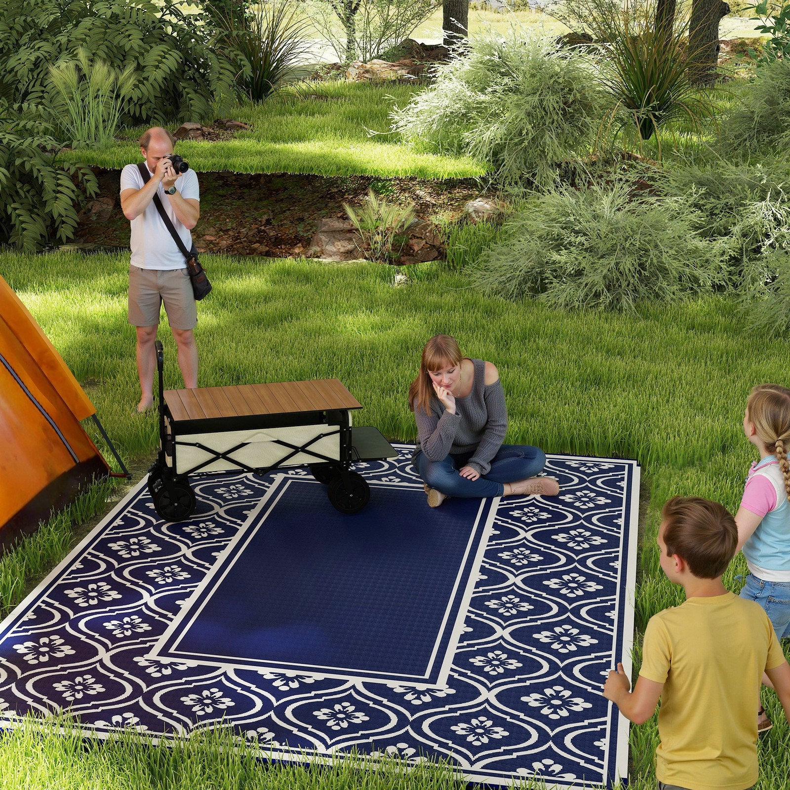 Outsunny Outdoor Rug, 9′ x 12′, Floor Mat, Blue White Gourd Border