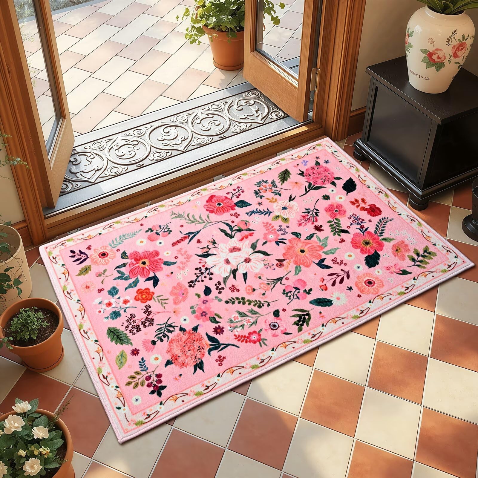 2×3 Small Floral Rugs for Entryway, Vibrant Flower Pattern 2 x 3 Feet Pink