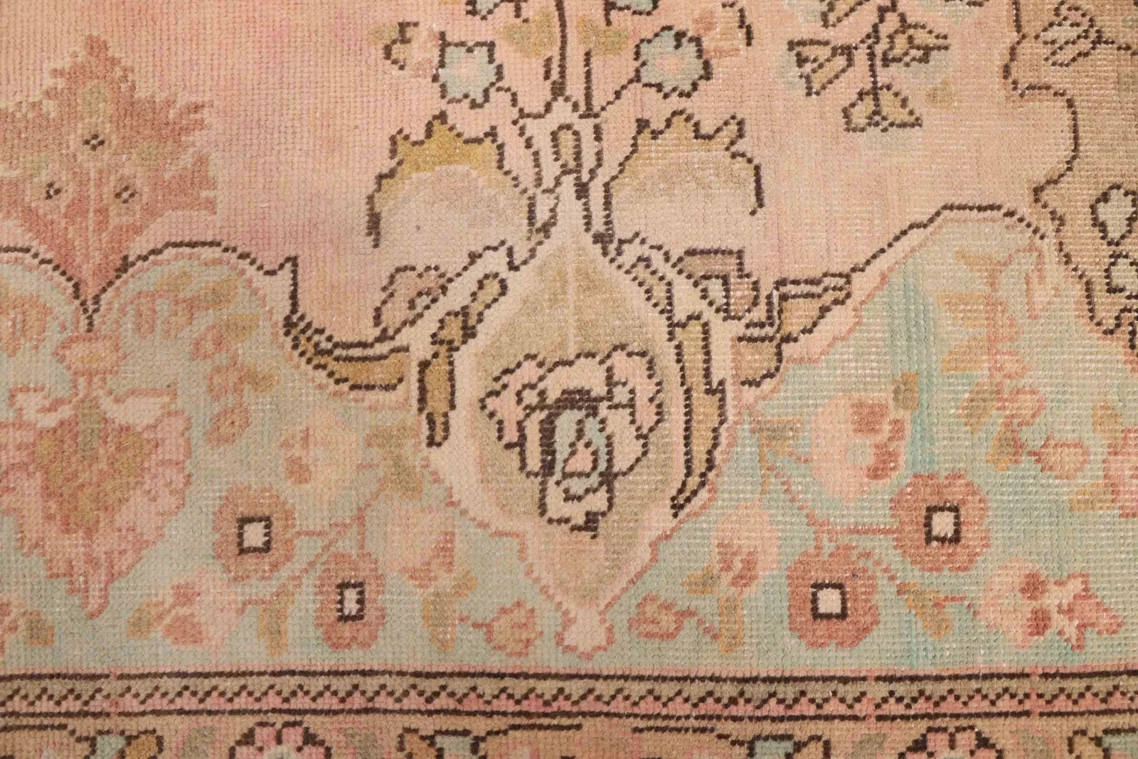 Hand Knotted Oushak Wool Rug Antique Style Peach Sage Green Floral Area Rug