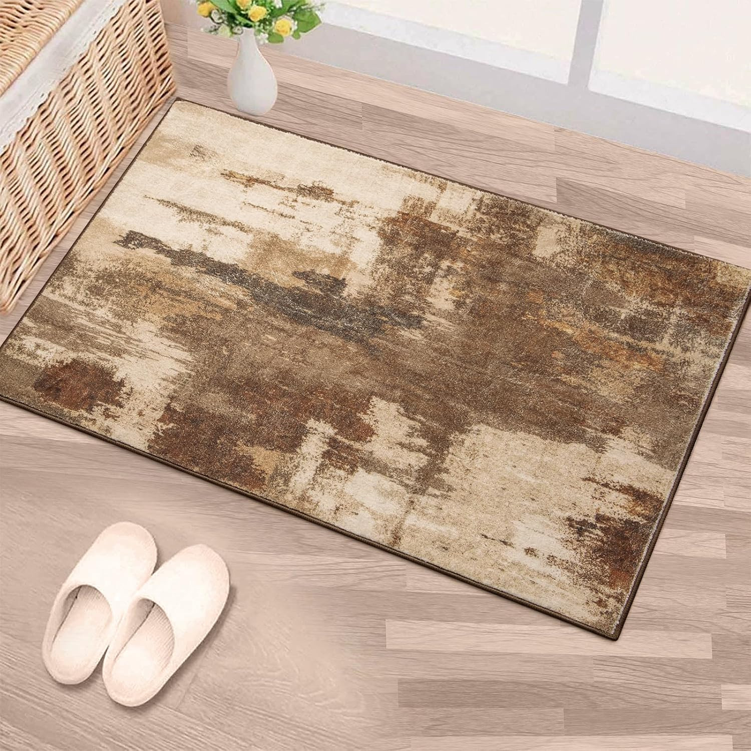 2×3 Brown Entryway Rug, Washable Abstract Small Rugs Non-Slip Low Pile Throw Rug