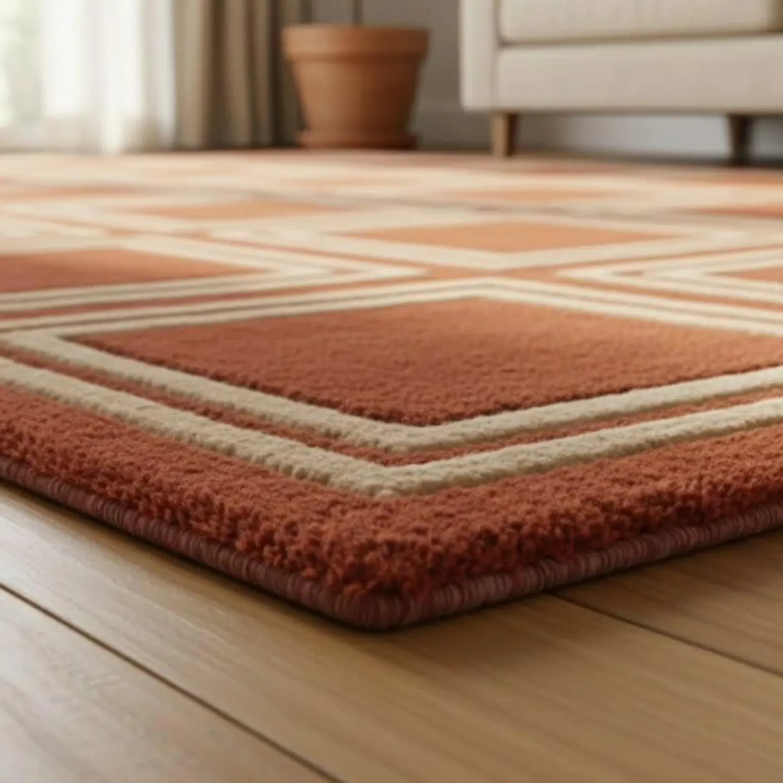 Hand Tufted Checkered Rug, Rust Brown Geometric Mid -Century Carpet, Custom Rug