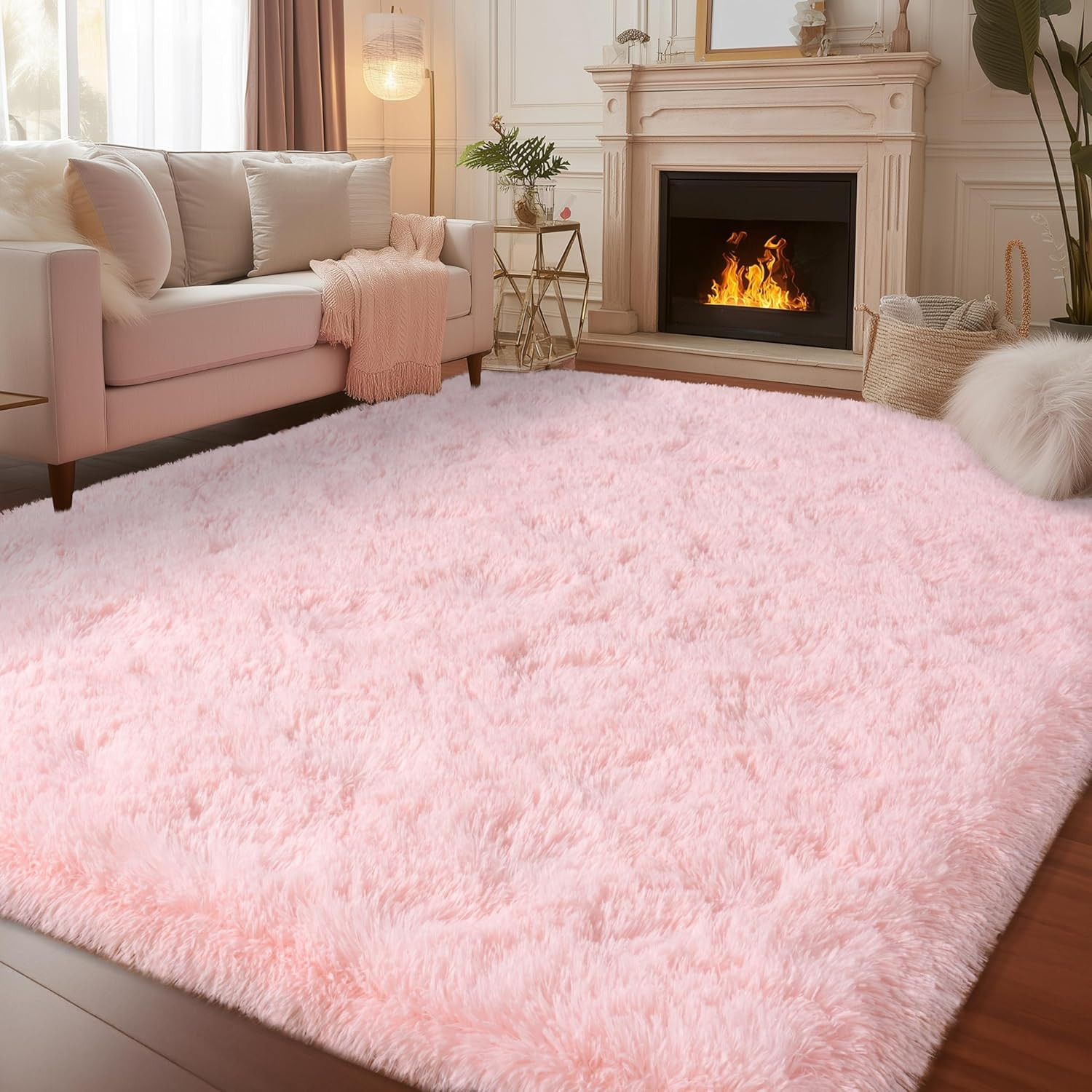 Large Pink Shag Area Rug 10×14 for Living Room, Soft Non-Slip Carpet