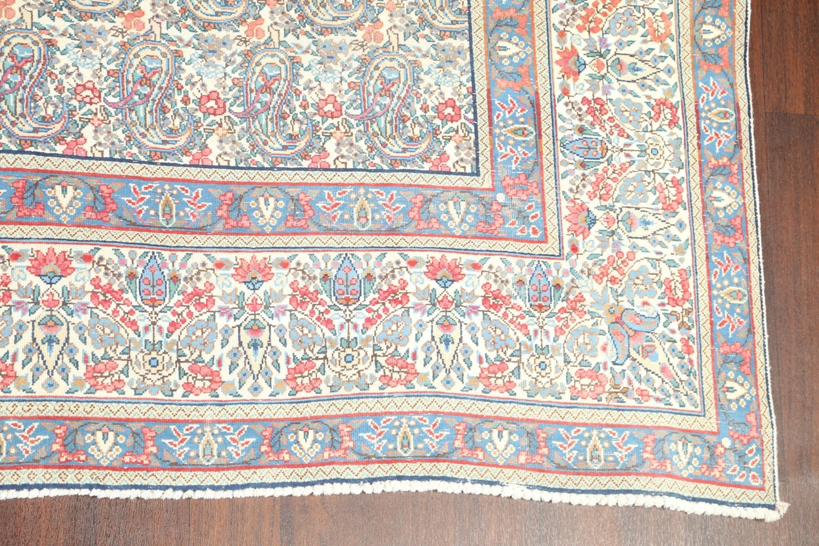 Paisley Semi-Antique Kirman Handmade Area Rug Ivory Wool Oriental Carpet 10’x13′