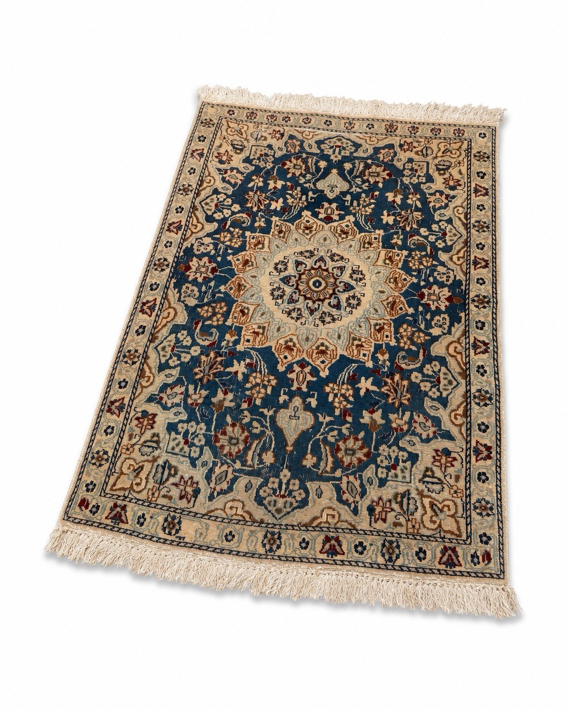 Vintage Blue Ivory Wool Nain Area Rug 3×4 Traditional Medallion Hand Knotted